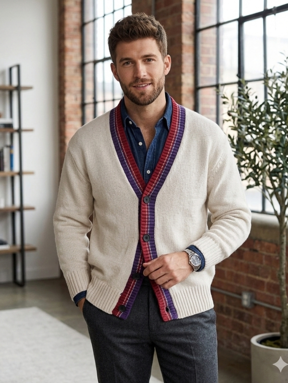 Zara Men’s Varsity Letterman Cardigan Sweater Cream Knit Size Large